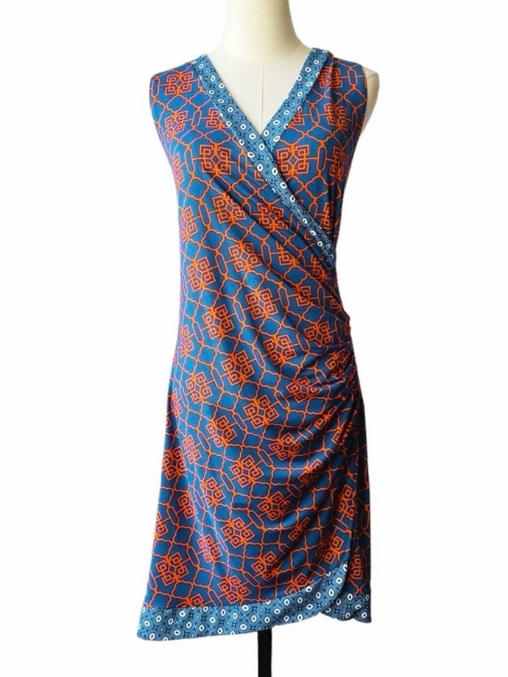 Tracy Negoshian Blue & Orange Geometric faux Wrap ruching size XL